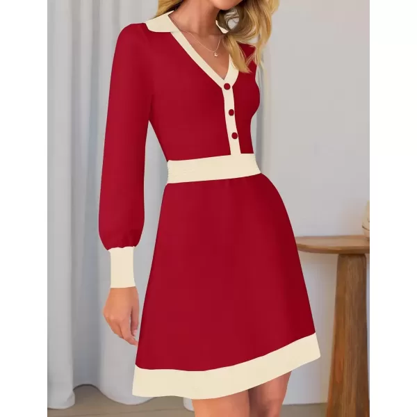 imageZESICA Womens 2024 Fall Long Sleeve V Neck Sweater Dress Collar Ribbed Knit Mini DressesRed
