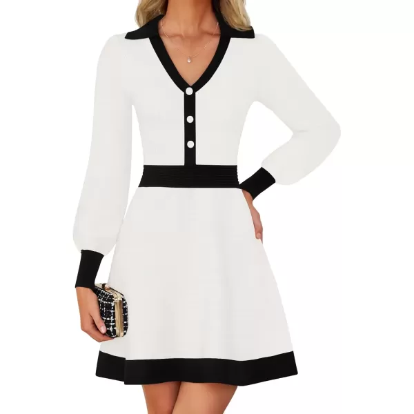 imageZESICA Womens 2024 Fall Long Sleeve V Neck Sweater Dress Collar Ribbed Knit Mini DressesWhite