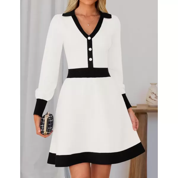 imageZESICA Womens 2024 Fall Long Sleeve V Neck Sweater Dress Collar Ribbed Knit Mini DressesWhite