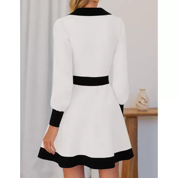 imageZESICA Womens 2024 Fall Long Sleeve V Neck Sweater Dress Collar Ribbed Knit Mini DressesWhite