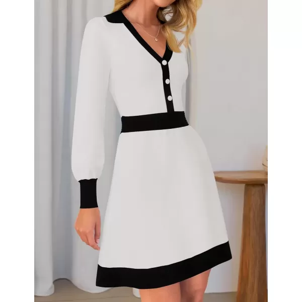 imageZESICA Womens 2024 Fall Long Sleeve V Neck Sweater Dress Collar Ribbed Knit Mini DressesWhite