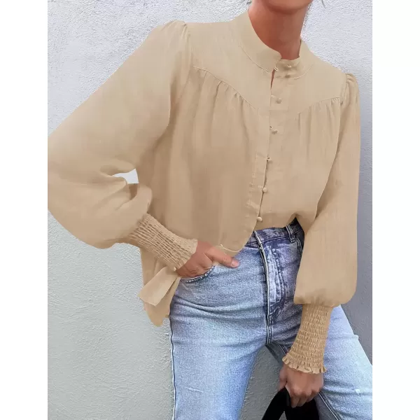 imageZESICA Womens Button Down Shirts 2024 Smocked Cuffed Solid Lantern Long Sleeve Blouse Fall Fashion Casual TopsApricot