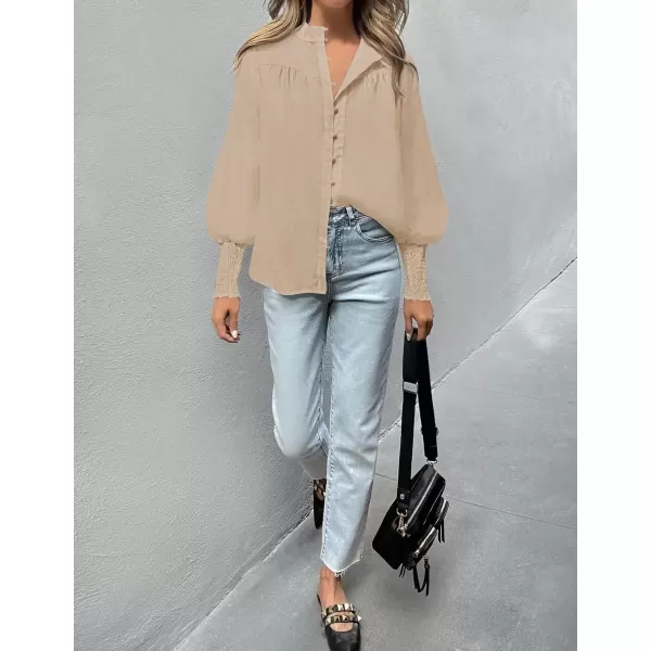 imageZESICA Womens Button Down Shirts 2024 Smocked Cuffed Solid Lantern Long Sleeve Blouse Fall Fashion Casual TopsApricot