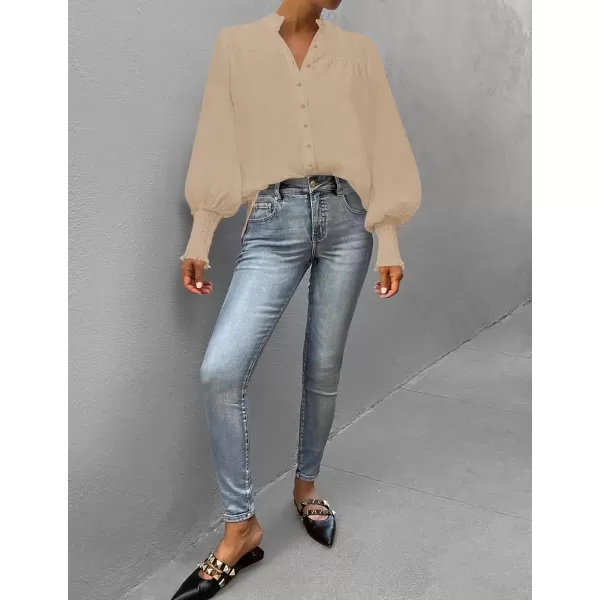 imageZESICA Womens Button Down Shirts 2024 Smocked Cuffed Solid Lantern Long Sleeve Blouse Fall Fashion Casual TopsApricot