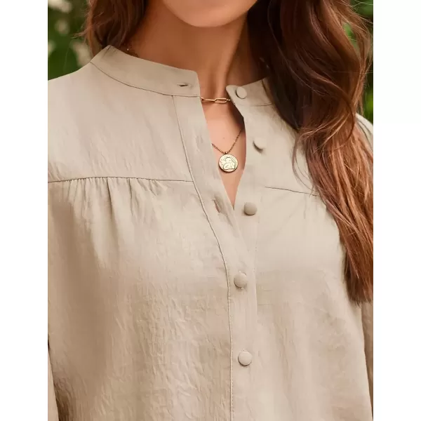 imageZESICA Womens Button Down Shirts 2024 Smocked Cuffed Solid Lantern Long Sleeve Blouse Fall Fashion Casual TopsApricot