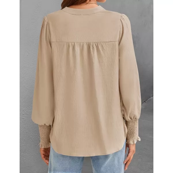 imageZESICA Womens Button Down Shirts 2024 Smocked Cuffed Solid Lantern Long Sleeve Blouse Fall Fashion Casual TopsApricot