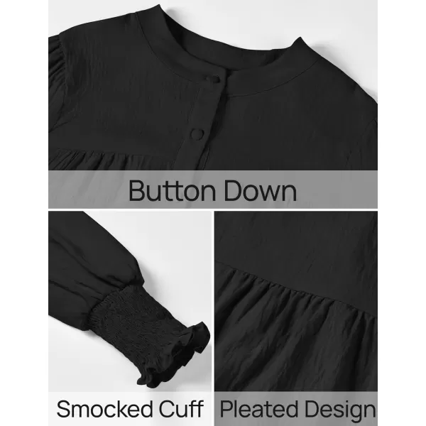imageZESICA Womens Button Down Shirts 2024 Smocked Cuffed Solid Lantern Long Sleeve Blouse Fall Fashion Casual TopsBlack