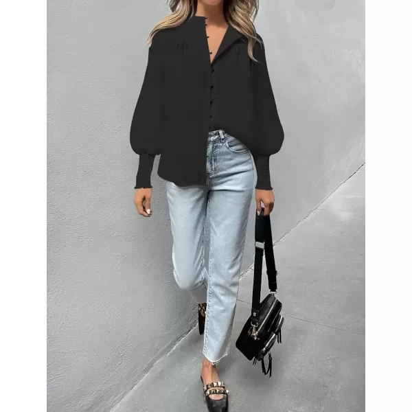 imageZESICA Womens Button Down Shirts 2024 Smocked Cuffed Solid Lantern Long Sleeve Blouse Fall Fashion Casual TopsBlack