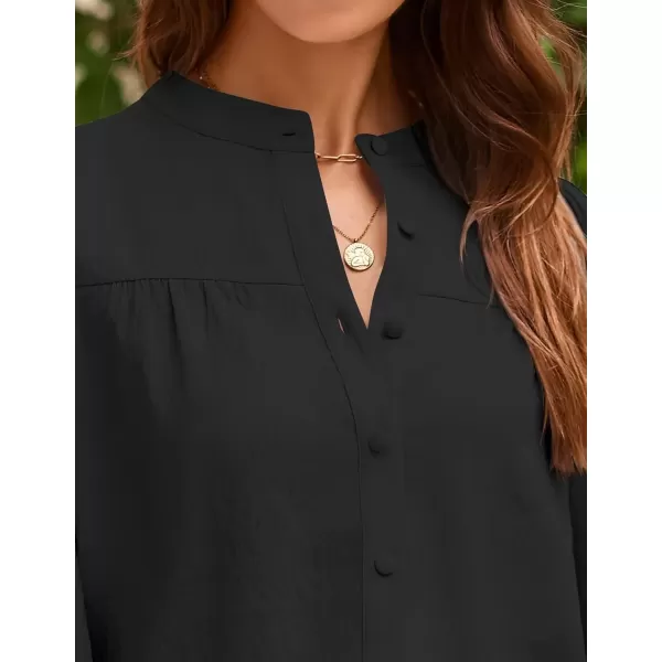 imageZESICA Womens Button Down Shirts 2024 Smocked Cuffed Solid Lantern Long Sleeve Blouse Fall Fashion Casual TopsBlack