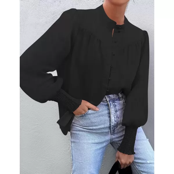 imageZESICA Womens Button Down Shirts 2024 Smocked Cuffed Solid Lantern Long Sleeve Blouse Fall Fashion Casual TopsBlack