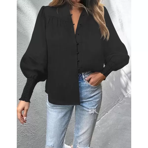 imageZESICA Womens Button Down Shirts 2024 Smocked Cuffed Solid Lantern Long Sleeve Blouse Fall Fashion Casual TopsBlack