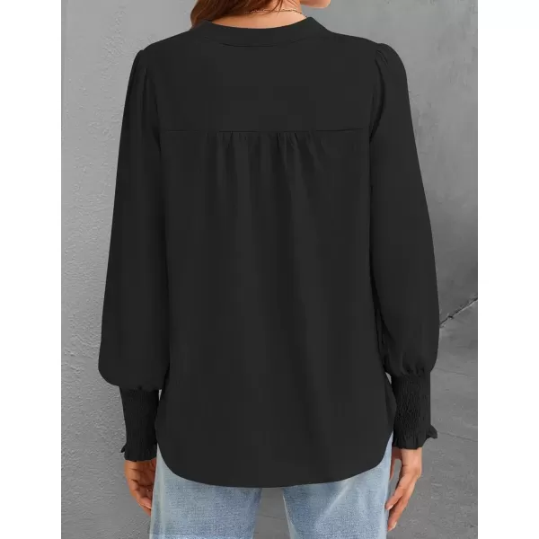 imageZESICA Womens Button Down Shirts 2024 Smocked Cuffed Solid Lantern Long Sleeve Blouse Fall Fashion Casual TopsBlack