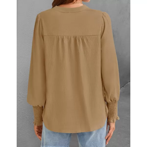 imageZESICA Womens Button Down Shirts 2024 Smocked Cuffed Solid Lantern Long Sleeve Blouse Fall Fashion Casual TopsKhaki