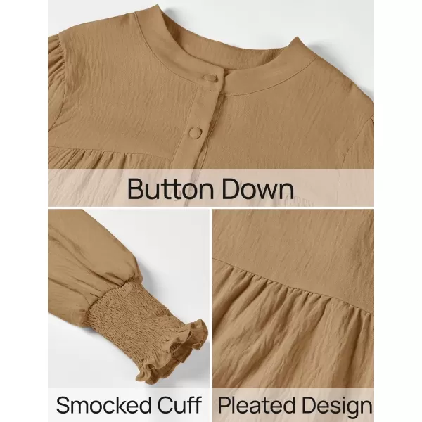 imageZESICA Womens Button Down Shirts 2024 Smocked Cuffed Solid Lantern Long Sleeve Blouse Fall Fashion Casual TopsKhaki