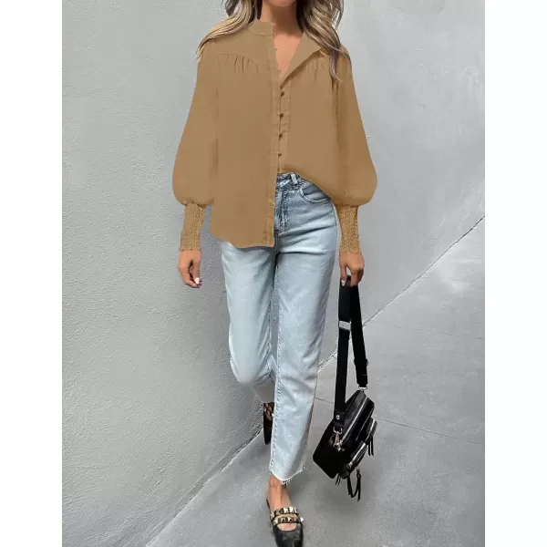 imageZESICA Womens Button Down Shirts 2024 Smocked Cuffed Solid Lantern Long Sleeve Blouse Fall Fashion Casual TopsKhaki