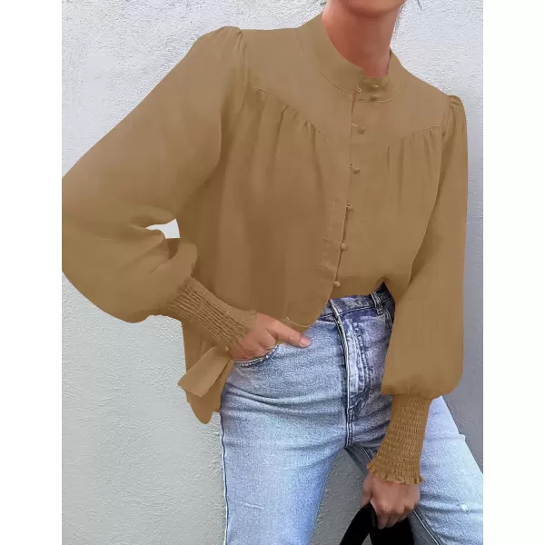 imageZESICA Womens Button Down Shirts 2024 Smocked Cuffed Solid Lantern Long Sleeve Blouse Fall Fashion Casual TopsKhaki