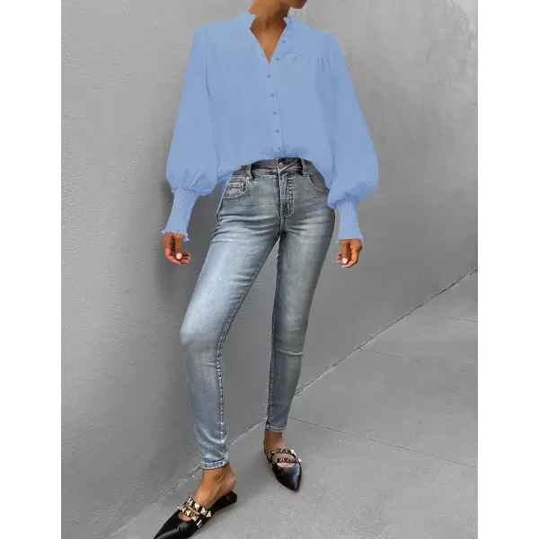 imageZESICA Womens Button Down Shirts 2024 Smocked Cuffed Solid Lantern Long Sleeve Blouse Fall Fashion Casual TopsLight Blue