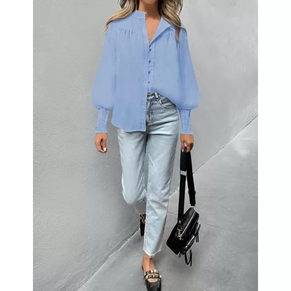 imageZESICA Womens Button Down Shirts 2024 Smocked Cuffed Solid Lantern Long Sleeve Blouse Fall Fashion Casual TopsLight Blue