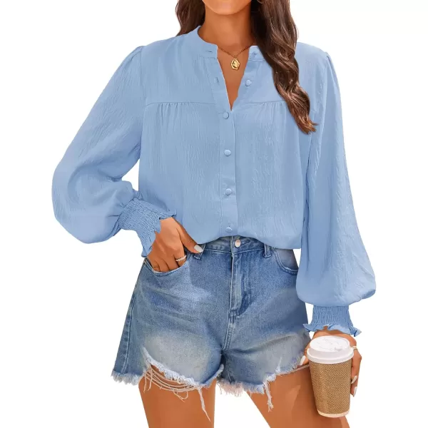 imageZESICA Womens Button Down Shirts 2024 Smocked Cuffed Solid Lantern Long Sleeve Blouse Fall Fashion Casual TopsLight Blue