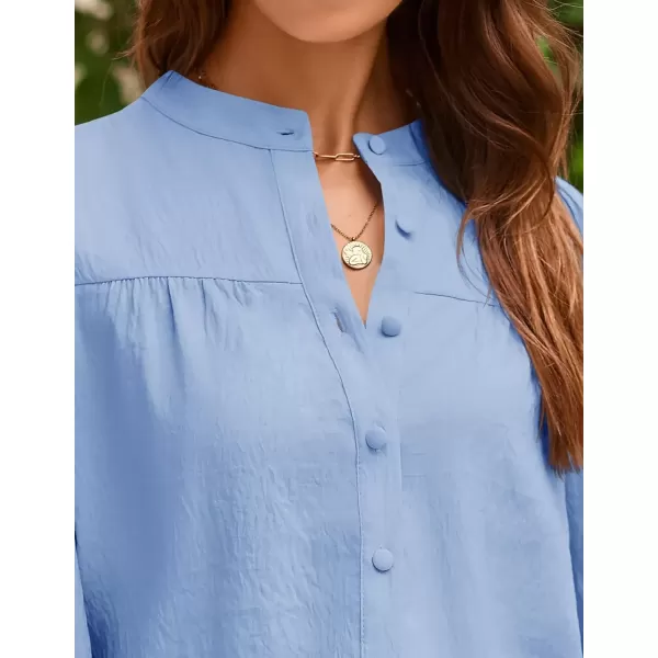 imageZESICA Womens Button Down Shirts 2024 Smocked Cuffed Solid Lantern Long Sleeve Blouse Fall Fashion Casual TopsLight Blue