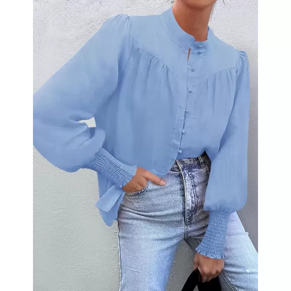 imageZESICA Womens Button Down Shirts 2024 Smocked Cuffed Solid Lantern Long Sleeve Blouse Fall Fashion Casual TopsLight Blue