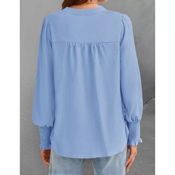 imageZESICA Womens Button Down Shirts 2024 Smocked Cuffed Solid Lantern Long Sleeve Blouse Fall Fashion Casual TopsLight Blue