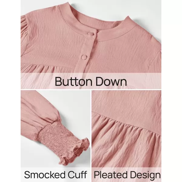 imageZESICA Womens Button Down Shirts 2024 Smocked Cuffed Solid Lantern Long Sleeve Blouse Fall Fashion Casual TopsPink
