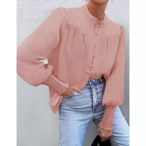 imageZESICA Womens Button Down Shirts 2024 Smocked Cuffed Solid Lantern Long Sleeve Blouse Fall Fashion Casual TopsPink