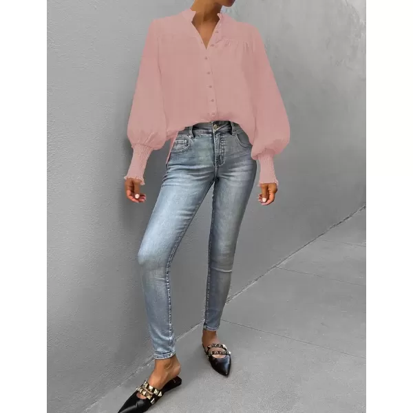 imageZESICA Womens Button Down Shirts 2024 Smocked Cuffed Solid Lantern Long Sleeve Blouse Fall Fashion Casual TopsPink
