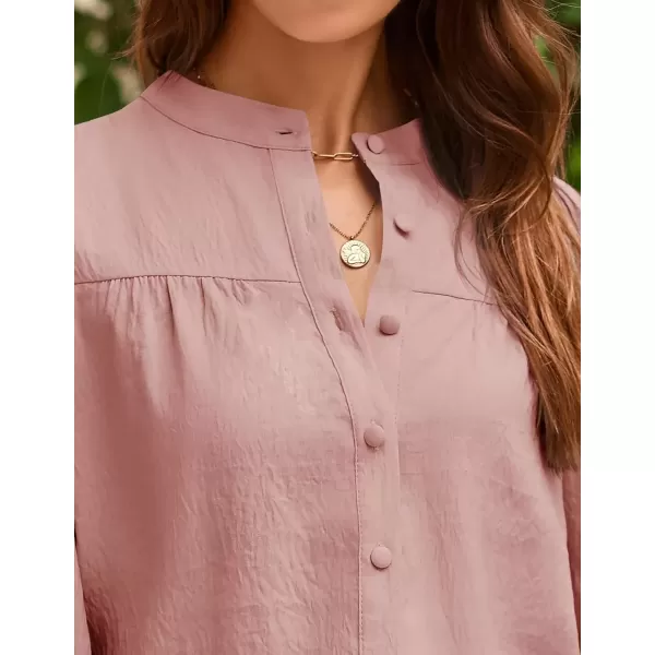 imageZESICA Womens Button Down Shirts 2024 Smocked Cuffed Solid Lantern Long Sleeve Blouse Fall Fashion Casual TopsPink