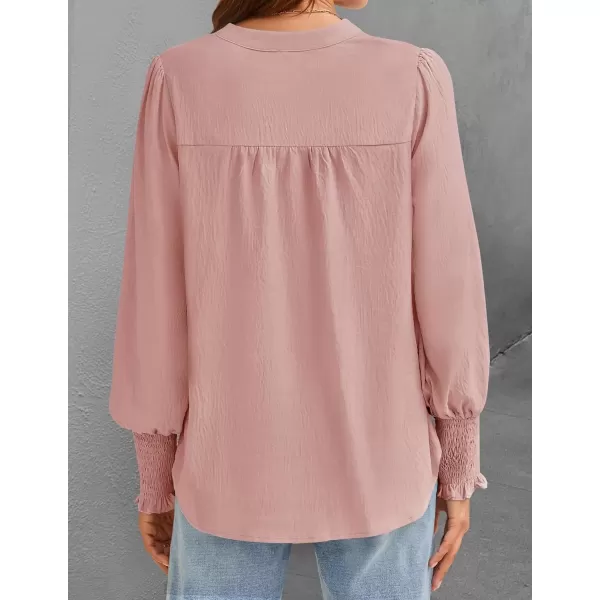 imageZESICA Womens Button Down Shirts 2024 Smocked Cuffed Solid Lantern Long Sleeve Blouse Fall Fashion Casual TopsPink