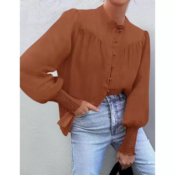 imageZESICA Womens Button Down Shirts 2024 Smocked Cuffed Solid Lantern Long Sleeve Blouse Fall Fashion Casual TopsRust