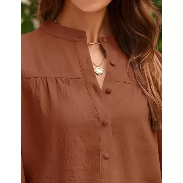 imageZESICA Womens Button Down Shirts 2024 Smocked Cuffed Solid Lantern Long Sleeve Blouse Fall Fashion Casual TopsRust