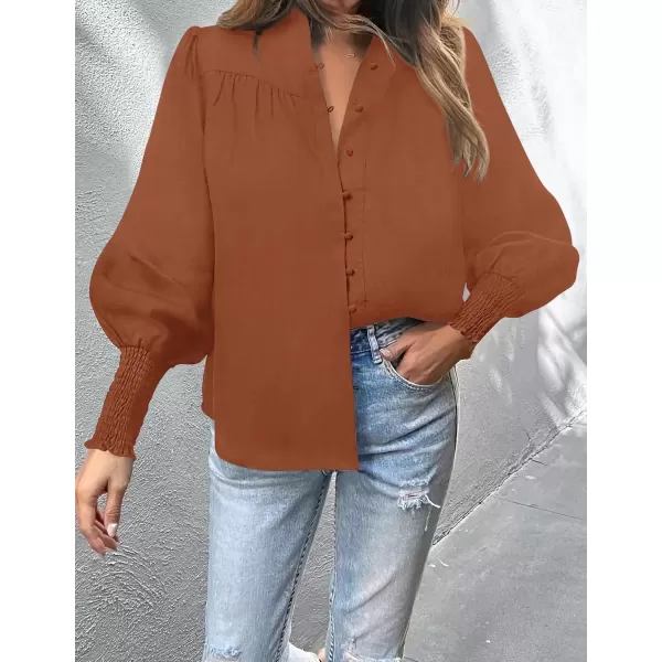 imageZESICA Womens Button Down Shirts 2024 Smocked Cuffed Solid Lantern Long Sleeve Blouse Fall Fashion Casual TopsRust