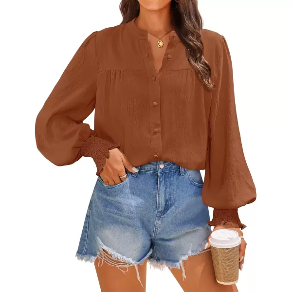 imageZESICA Womens Button Down Shirts 2024 Smocked Cuffed Solid Lantern Long Sleeve Blouse Fall Fashion Casual TopsRust