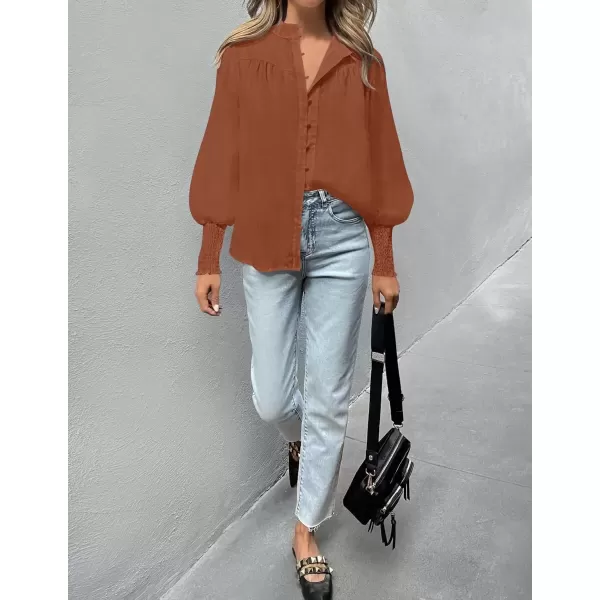 imageZESICA Womens Button Down Shirts 2024 Smocked Cuffed Solid Lantern Long Sleeve Blouse Fall Fashion Casual TopsRust