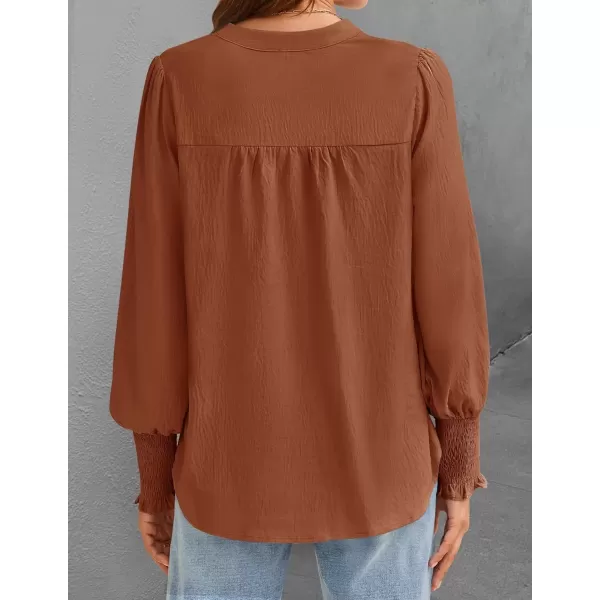 imageZESICA Womens Button Down Shirts 2024 Smocked Cuffed Solid Lantern Long Sleeve Blouse Fall Fashion Casual TopsRust