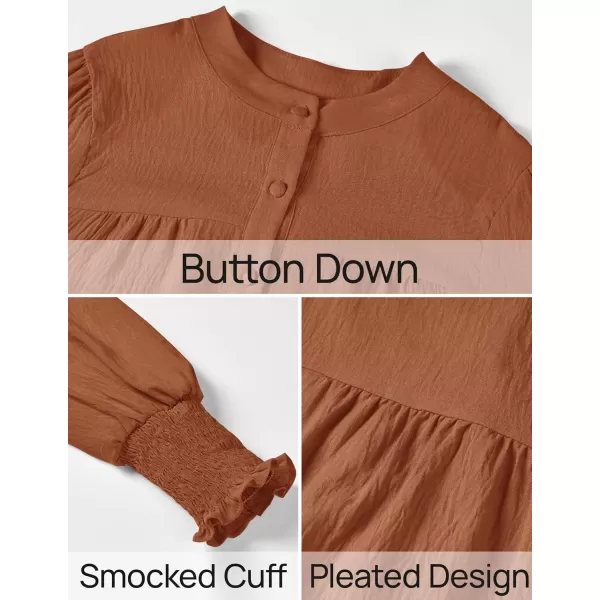 imageZESICA Womens Button Down Shirts 2024 Smocked Cuffed Solid Lantern Long Sleeve Blouse Fall Fashion Casual TopsRust