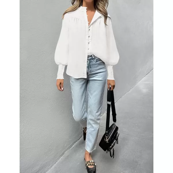 imageZESICA Womens Button Down Shirts 2024 Smocked Cuffed Solid Lantern Long Sleeve Blouse Fall Fashion Casual TopsWhite