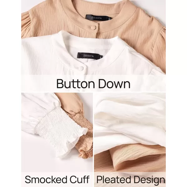imageZESICA Womens Button Down Shirts 2024 Smocked Cuffed Solid Lantern Long Sleeve Blouse Fall Fashion Casual TopsWhite