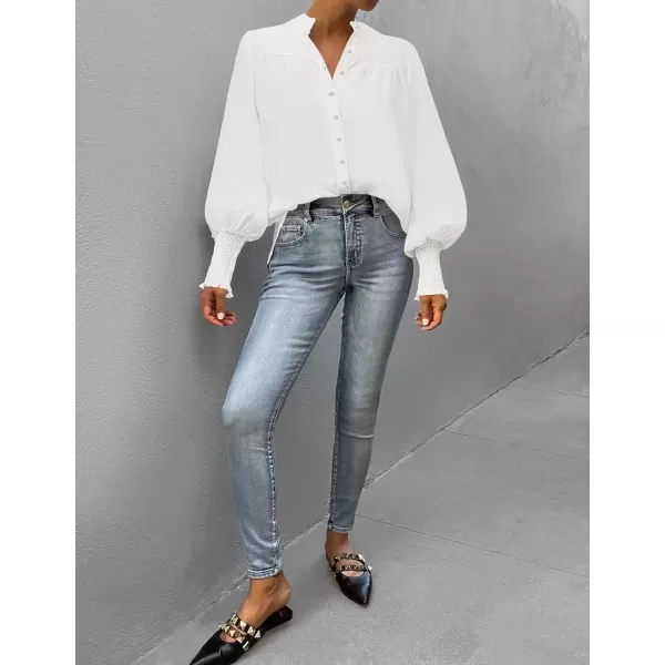 imageZESICA Womens Button Down Shirts 2024 Smocked Cuffed Solid Lantern Long Sleeve Blouse Fall Fashion Casual TopsWhite