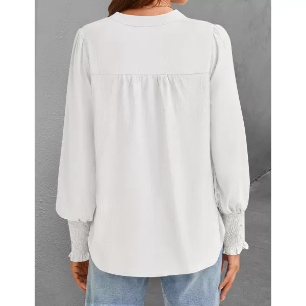 imageZESICA Womens Button Down Shirts 2024 Smocked Cuffed Solid Lantern Long Sleeve Blouse Fall Fashion Casual TopsWhite