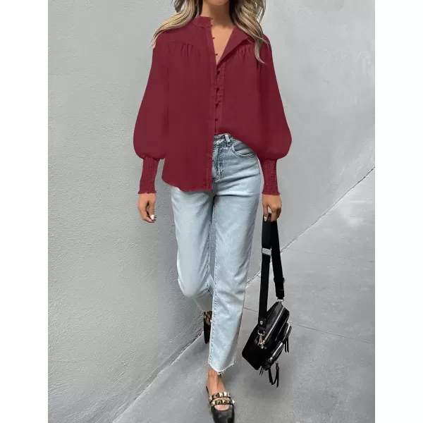 imageZESICA Womens Button Down Shirts 2024 Smocked Cuffed Solid Lantern Long Sleeve Blouse Fall Fashion Casual TopsWine