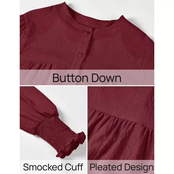 imageZESICA Womens Button Down Shirts 2024 Smocked Cuffed Solid Lantern Long Sleeve Blouse Fall Fashion Casual TopsWine