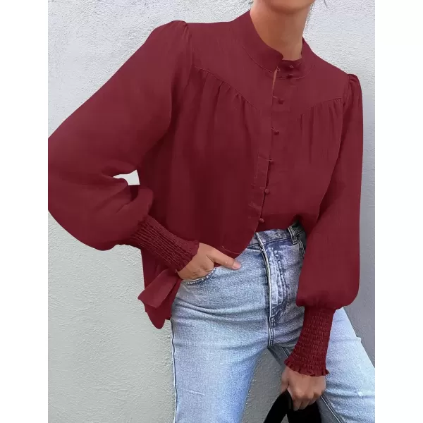 imageZESICA Womens Button Down Shirts 2024 Smocked Cuffed Solid Lantern Long Sleeve Blouse Fall Fashion Casual TopsWine