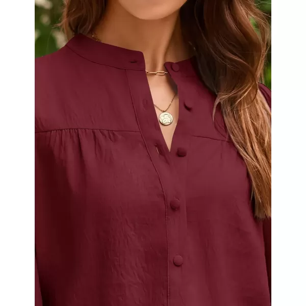 imageZESICA Womens Button Down Shirts 2024 Smocked Cuffed Solid Lantern Long Sleeve Blouse Fall Fashion Casual TopsWine