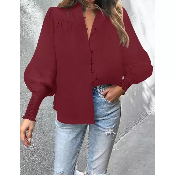 imageZESICA Womens Button Down Shirts 2024 Smocked Cuffed Solid Lantern Long Sleeve Blouse Fall Fashion Casual TopsWine