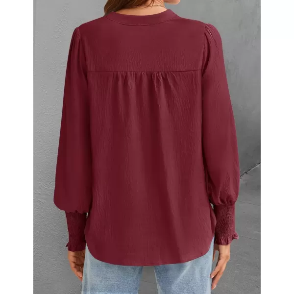 imageZESICA Womens Button Down Shirts 2024 Smocked Cuffed Solid Lantern Long Sleeve Blouse Fall Fashion Casual TopsWine