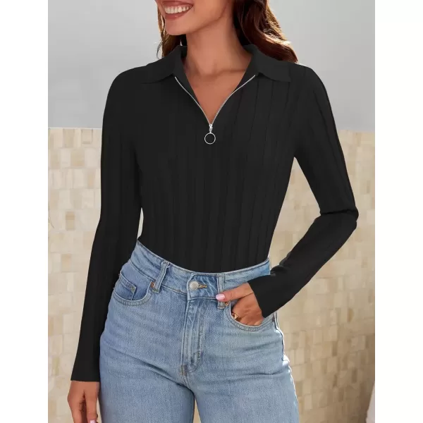 imageZESICA Womens Fall Sweaters 2024 Long Sleeve V Neck Ribbed Knit Shirts Slim Fit Half Zip Lapel Collared Basic Polo TopsBlack