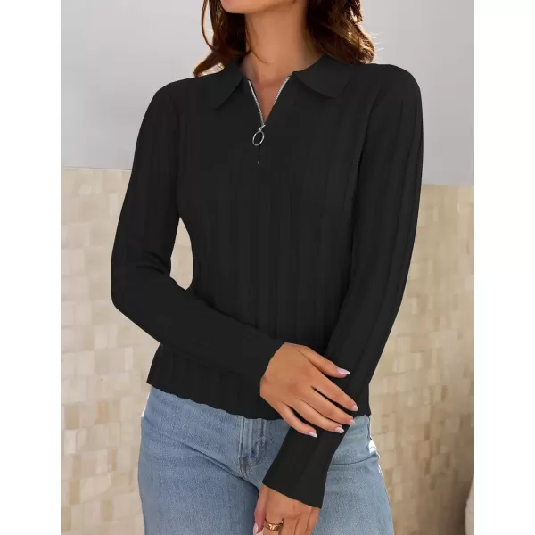 imageZESICA Womens Fall Sweaters 2024 Long Sleeve V Neck Ribbed Knit Shirts Slim Fit Half Zip Lapel Collared Basic Polo TopsBlack